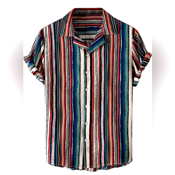 Other - Men’s XL Casual Short Sleeve Button Down, Striped Blue Red Multi